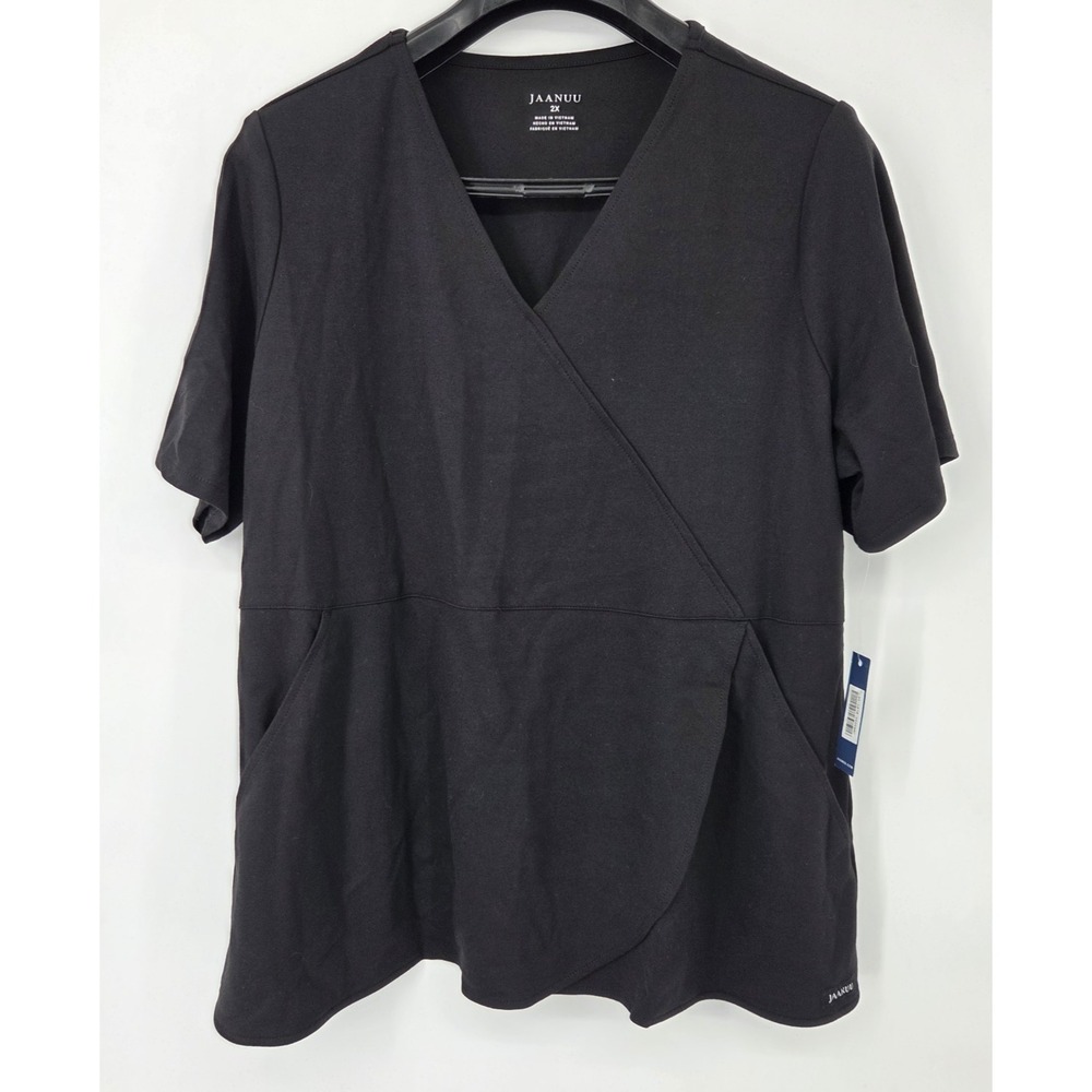 NEW Jaanuu Women's Mock Wrap Tulip Scrub Top Black 2X J96203 NWT‎